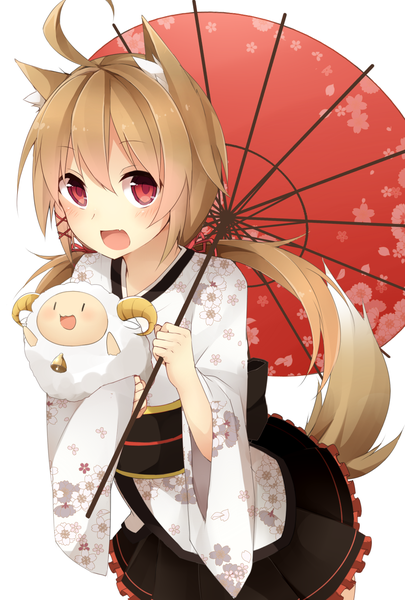 Anime picture 1181x1748 with original satou saya long hair tall image looking at viewer blush fringe open mouth simple background blonde hair red eyes standing white background animal ears ahoge tail long sleeves animal tail wide sleeves leaning