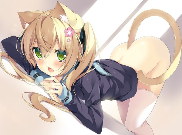 Anime picture 900x667 with original pikomint single long hair looking at viewer blush open mouth light erotic blonde hair twintails green eyes animal ears tail animal tail cat ears cat girl cat tail girl thighhighs white thighhighs