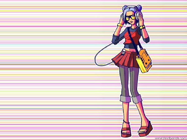 Anime picture 1024x768 with ipod tagme (artist) single short hair blue hair full body pleated skirt hair bun (hair buns) hand on headphones girl skirt miniskirt glasses headphones pants bag wire (wires) shoulder bag platform footwear