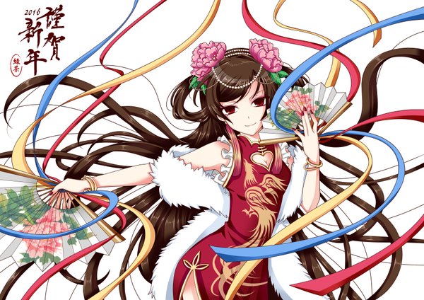 Anime picture 3507x2480 with original die ying single looking at viewer highres black hair red eyes white background absurdres very long hair traditional clothes hair flower chinese clothes girl flower (flowers) ribbon (ribbons) fan chinese dress