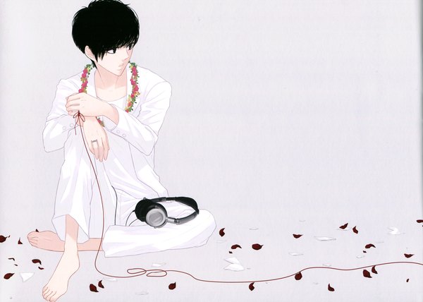 Anime picture 3431x2448 with just be friends (vocaloid) single highres short hair black hair simple background sitting absurdres barefoot boy petals headphones ring wreath thread debris red thread