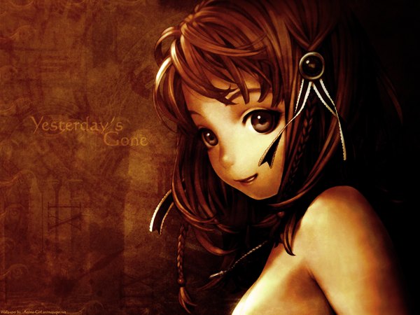 Anime picture 1600x1200 with range murata single looking at viewer short hair smile brown hair bare shoulders brown eyes nipples inscription turning head eyebrows girl hair ornament