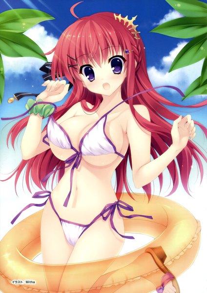 Anime picture 2455x3470 with alia's carnival! ousaka asuha mitha single long hair tall image looking at viewer blush highres breasts open mouth light erotic large breasts purple eyes bare shoulders sky cloud (clouds) red hair bare belly beach