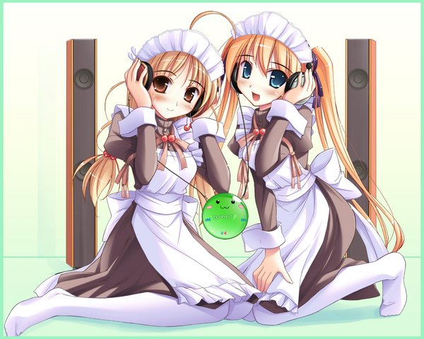Anime picture 1280x1024 with happiness yuibashi hiiragi anri sakurai chie long hair looking at viewer blush fringe open mouth blue eyes brown hair sitting multiple girls brown eyes indoors long sleeves maid no shoes kneeling hand on knee