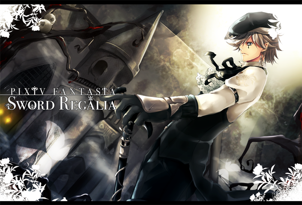 Anime picture 1000x681 with original pixiv fantasia pixiv pixiv fantasia sword regalia domco single fringe blonde hair standing aqua eyes pointy ears from below elf bare tree boy gloves weapon plant (plants) hat earrings