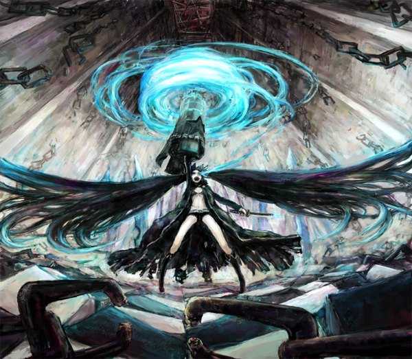 Anime picture 1376x1200 with black rock shooter black rock shooter (character) toritoritottori single open mouth blue eyes black hair twintails very long hair glowing scar glowing eye (eyes) checkered floor shot girl weapon sword shorts belt katana