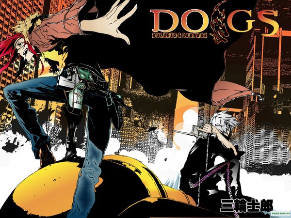Anime picture 1576x1182 with dogs: bullets & carnage david production haine rammsteiner badou nails long hair short hair white hair red hair from behind black eyes boy weapon gun building (buildings) coat cigarette jeans holster
