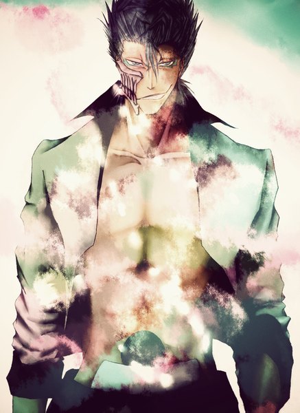 Anime picture 1444x1983 with bleach studio pierrot grimmjow jeagerjaques single tall image short hair simple background white background blue hair aqua eyes open clothes open jacket grin muscle espada boy