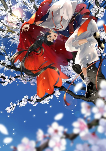 Anime picture 752x1063 with original kyouichi single long hair tall image looking at viewer fringe open mouth brown hair brown eyes sky bent knee (knees) traditional clothes from below cherry blossoms happy boy ribbon (ribbons) plant (plants) hair ribbon