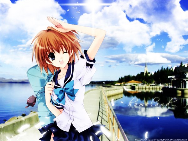 Anime picture 1600x1200 with nanase aoi single looking at viewer fringe short hair open mouth blue eyes brown hair standing sky cloud (clouds) outdoors one eye closed arm up sunlight short sleeves happy reflection horizon ;d