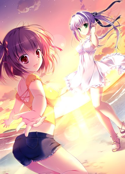 Anime picture 1000x1395 with root double kotono yuuri toba mashiro mikeou long hair tall image looking at viewer short hair open mouth red eyes brown hair twintails multiple girls green eyes sky silver hair light smile two side up beach outstretched arm