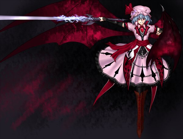 Anime picture 1300x986 with touhou remilia scarlet nelo (artist) short hair red eyes blue hair bat wings girl dress hat detached sleeves sword wings