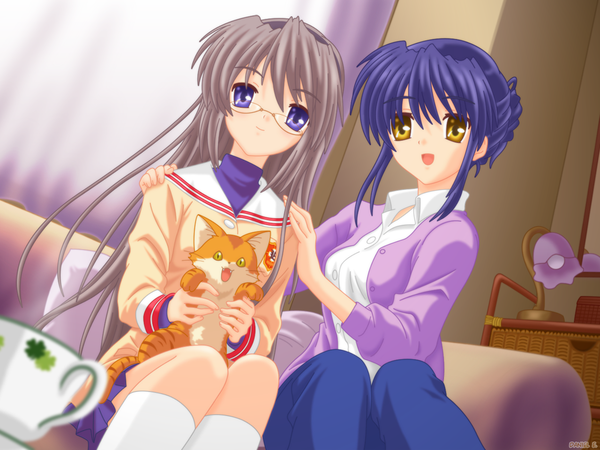 Anime picture 1280x960 with clannad key (studio) sakagami tomoyo sagara misae long hair looking at viewer fringe short hair open mouth blue eyes smile hair between eyes brown hair sitting multiple girls holding brown eyes payot blue hair indoors