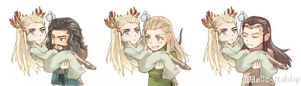 Anime picture 1199x344 with lord of the rings the hobbit legolas thranduil thorin oakenshield elrond hello_rabby long hair open mouth blue eyes black hair blonde hair simple background smile wide image white background holding braid (braids) eyes closed pointy ears