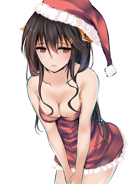 Anime picture 1309x1826 with kantai collection haruna battleship shirotaso0818 single long hair tall image blush fringe breasts light erotic black hair simple background hair between eyes white background bare shoulders brown eyes looking away cleavage leaning embarrassed