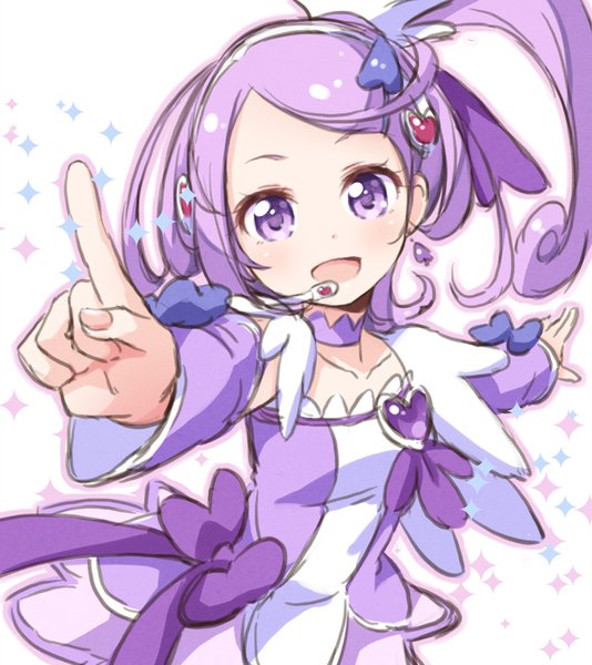 Anime picture 890x1000 with precure dokidoki! precure toei animation kenzaki makoto cure sword tokunou shoutarou single long hair tall image looking at viewer blush open mouth white background purple eyes purple hair fingernails sparkle side ponytail spread arms girl