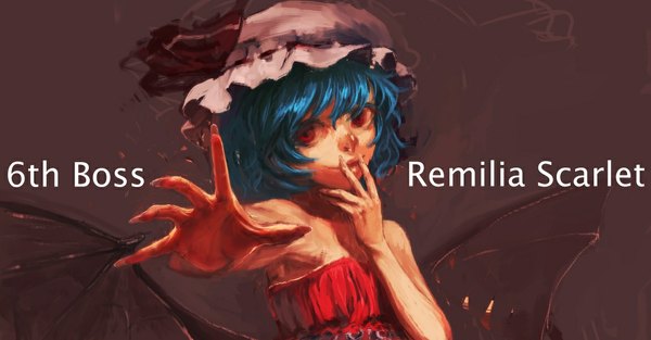Anime picture 1151x602 with touhou remilia scarlet benitama single looking at viewer short hair simple background smile red eyes wide image bare shoulders blue hair fingernails inscription finger to mouth long fingernails brown background girl wings bonnet