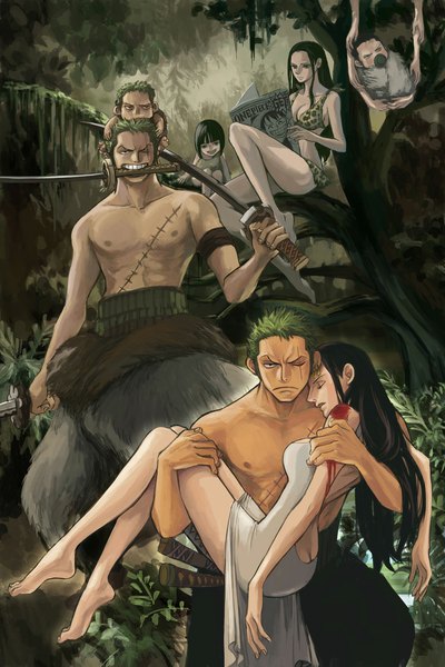 Anime picture 750x1125 with one piece toei animation nico robin roronoa zoro koga long hair tall image looking at viewer short hair open mouth black hair holding eyes closed profile barefoot green hair teeth mouth hold scar dual persona
