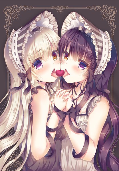 Anime picture 800x1150 with original suzunone rena long hair tall image looking at viewer fringe open mouth light erotic simple background blonde hair purple eyes multiple girls purple hair grey background orange eyes sleeveless heterochromia holding hands framed lolita fashion