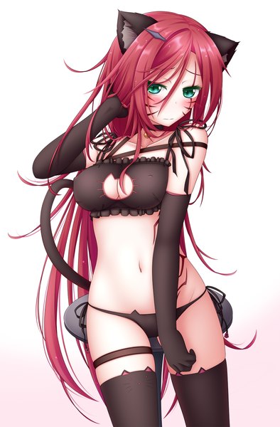 Anime picture 1000x1522 with league of legends katarina (league of legends) yoye (pastel white) single tall image blush blue eyes light erotic simple background white background animal ears red hair tail very long hair animal tail cat ears cat girl cat tail underwear only facial mark