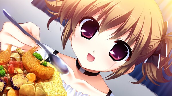 Anime picture 1024x576 with grisaia no kajitsu irisu makina fumio (ura fmo) short hair open mouth red eyes brown hair wide image twintails game cg loli short twintails girl food