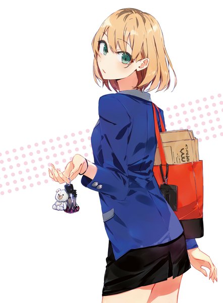 Anime picture 1668x2261 with shirobako p.a. works miyamori aoi ponkan eight single tall image looking at viewer blush fringe short hair blue eyes blonde hair standing holding parted lips looking back girl skirt miniskirt animal