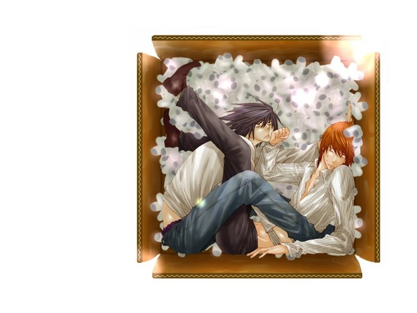 Anime picture 1280x960 with death note madhouse yagami light l (death note) tagme (artist) short hair black hair simple background white background orange hair open clothes multiple boys open shirt in container in box boy shirt 2 boys jeans box