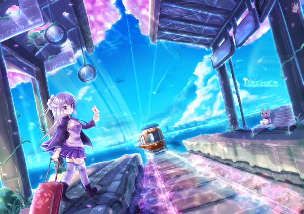 Anime picture 1024x724 with original chinchongcha single long hair looking at viewer fringe breasts hair between eyes holding sky purple hair cloud (clouds) outdoors head tilt pleated skirt wind sunlight walking girl thighhighs