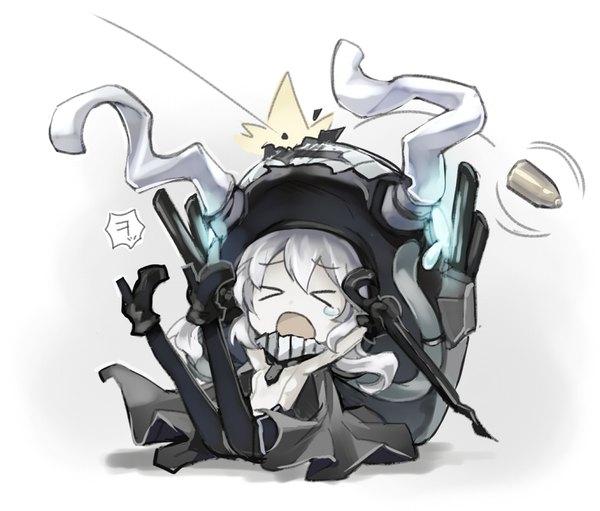 Anime picture 800x682 with kantai collection wo-class aircraft carrier orda single long hair open mouth simple background white background holding white hair high heels chibi glow falling shinkaisei-kan > < girl weapon sword boots