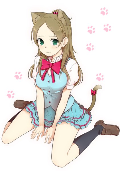 Anime picture 1184x1688 with precure suite precure toei animation minamino kanade minazuki randoseru long hair tall image looking at viewer blush simple background brown hair white background sitting green eyes animal ears full body cat ears cat girl cat tail wariza