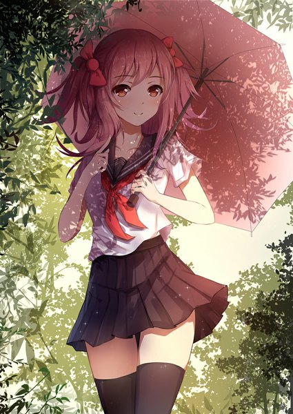 Anime picture 709x1000 with original byakuya reki single tall image looking at viewer blush smile standing twintails wind shadow zettai ryouiki short twintails girl thighhighs skirt uniform bow black thighhighs plant (plants)