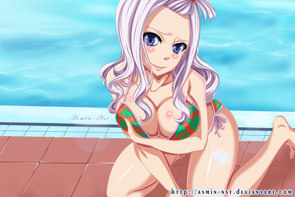 Anime picture 1981x1324 with fairy tail mirajane strauss iitheluciferii single long hair blush highres breasts blue eyes light erotic smile large breasts white hair tattoo coloring girl swimsuit bikini water pool