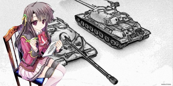 Anime picture 2000x1000 with world of tanks (game) tagme (artist) long hair highres black hair red eyes wide image sitting girl thighhighs skirt uniform school uniform chair ground vehicle pen tank caterpillar tracks