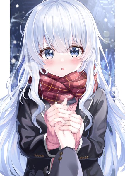 Anime picture 2216x3114 with original tyutaka0427 long hair tall image looking at viewer blush fringe highres blue eyes hair between eyes silver hair upper body holding hands solo focus sweatdrop pillarboxed girl uniform school uniform scarf