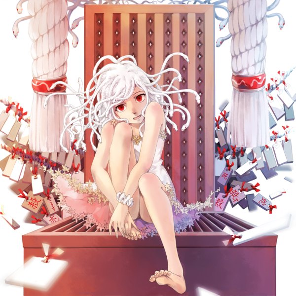 Anime picture 2500x2500 with bakemonogatari shaft (studio) monogatari (series) sengoku nadeko nadeko medusa cgiftrsnut single long hair looking at viewer highres open mouth red eyes sitting bare shoulders white hair barefoot bare legs legs girl dress