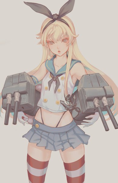 Anime picture 1024x1583 with kantai collection shimakaze destroyer rensouhou-chan saimon ma single long hair tall image fringe open mouth simple background blonde hair hair between eyes holding brown eyes looking away grey background bare belly :o zettai ryouiki sleeveless