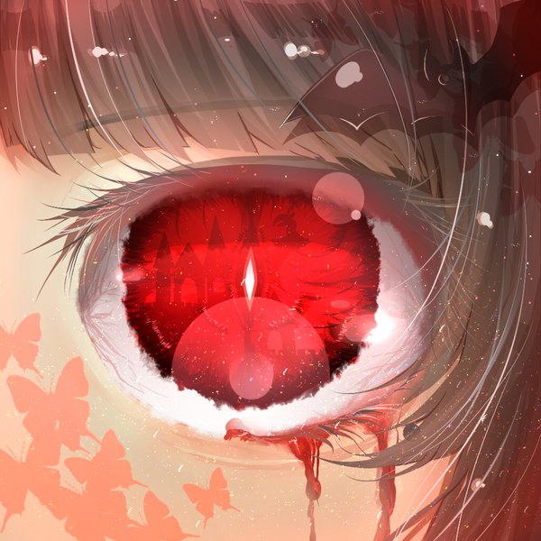 Anime picture 1024x1024 with original meiya (dia douya) single looking at viewer fringe red eyes brown hair lens flare symbol-shaped pupils close-up witch blood on face silhouette bloody tears girl insect building (buildings) butterfly blood hairpin (hairpins)