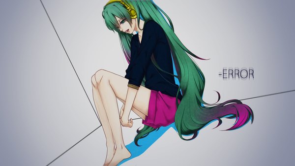 Anime picture 1920x1080 with vocaloid hatsune miku fukamachi naka (artist) single highres open mouth wide image sitting twintails green eyes very long hair barefoot green hair legs leg hug girl shorts headphones