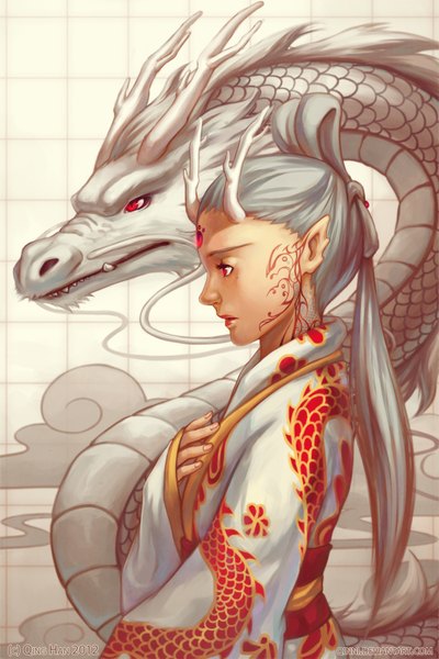 Anime picture 1260x1890 with original qinni (artist) long hair tall image open mouth red eyes signed traditional clothes japanese clothes profile horn (horns) lips pointy ears grey hair teeth fang (fangs) tattoo smoke oni horns sharp teeth