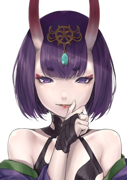 Anime picture 595x841 with fate (series) fate/grand order shuten douji (fate) twintails isshou tsui single tall image looking at viewer fringe simple background white background purple eyes bare shoulders purple hair horn (horns) shadow fang (fangs) portrait eyebrows hand to mouth oni horns