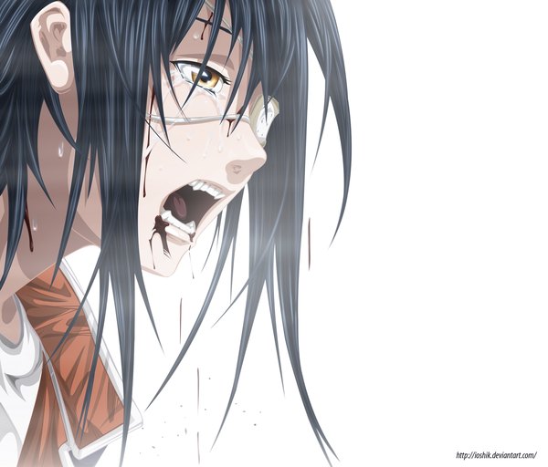 Anime picture 1521x1300 with air gear toei animation wanijima agito ioshik single long hair open mouth black hair white background orange eyes sweat tears coloring face boy blood eyepatch