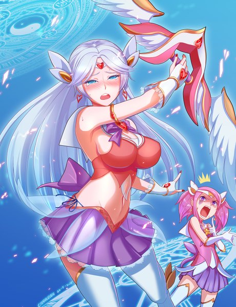 Anime picture 1150x1500 with league of legends lux (league of legends) ashe (league of legends) star guardian lux chen qi (chanseven) long hair tall image blush short hair breasts open mouth blue eyes light erotic large breasts purple eyes multiple girls pink hair silver hair girl thighhighs