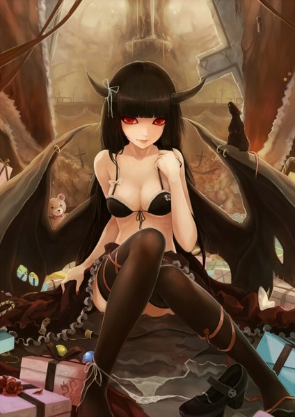 Anime picture 2000x2828 with original crazat long hair tall image looking at viewer highres light erotic black hair red eyes sitting horn (horns) demon girl girl thighhighs flower (flowers) black thighhighs wings cross gift teddy bear