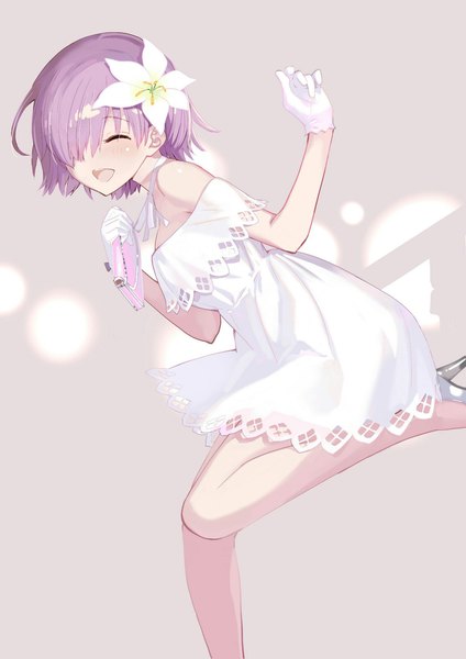 Anime picture 1500x2121 with fate (series) fate/grand order mash kyrielight mash kyrielight (formal dress) okazaki takeshi single tall image blush fringe short hair open mouth simple background standing bare shoulders purple hair bent knee (knees) eyes closed hair flower hair over one eye grey background