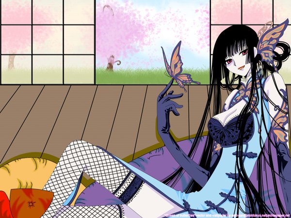 Anime picture 1600x1200 with xxxholic clamp ichihara yuuko saki-xan single long hair looking at viewer breasts black hair simple background red eyes large breasts white background signed lipstick vector butterfly on hand girl thighhighs dress