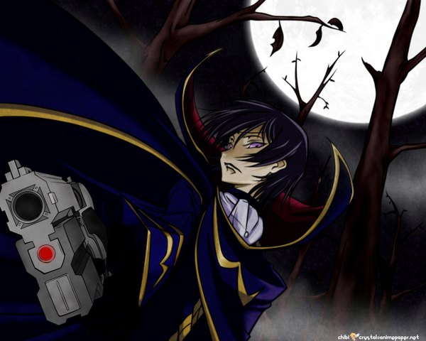 Anime picture 1280x1024 with code geass sunrise (studio) c.c. lelouch lamperouge zero (code geass) single looking at viewer short hair brown hair purple eyes night boy uniform weapon plant (plants) tree (trees) gun moon full moon