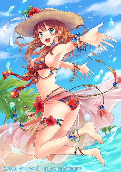 Anime picture 723x1023 with original shina shina single long hair tall image looking at viewer blush open mouth blue eyes sky cloud (clouds) orange hair girl flower (flowers) swimsuit plant (plants) hat earrings bikini tree (trees)
