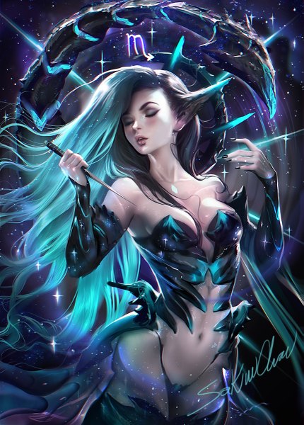 Anime picture 861x1200 with original sakimichan single long hair tall image breasts light erotic holding signed tail nail polish parted lips multicolored hair fingernails lips pointy ears realistic two-tone hair thighs eyeshadow