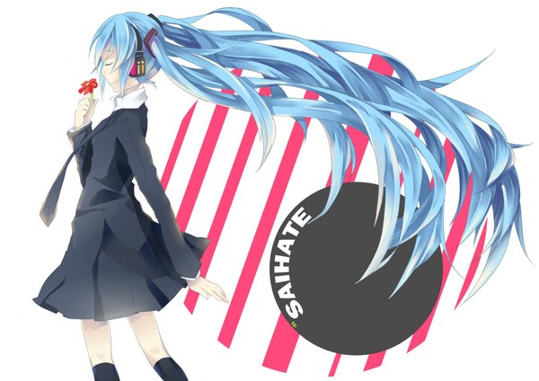Anime picture 1131x800 with vocaloid saihate (vocaloid) hatsune miku fei renlei single long hair twintails blue hair eyes closed profile girl dress flower (flowers) necktie headphones