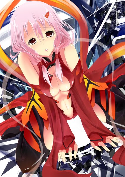 Anime picture 716x1011 with guilty crown production i.g yuzuriha inori sanzensai michiru (artist) single long hair tall image looking at viewer breasts light erotic red eyes bare shoulders pink hair center opening girl thighhighs navel hair ornament black thighhighs detached sleeves